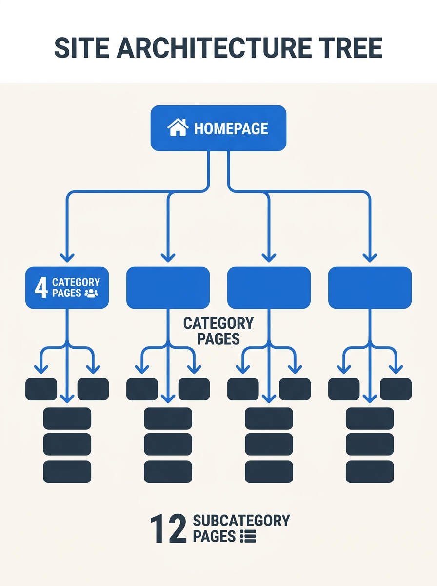 Diagram showing a flat site architecture tree with homepage at top branching into 4-5 category pages, each connecting to 3-4 subcategory pages, all within three levels of depth
