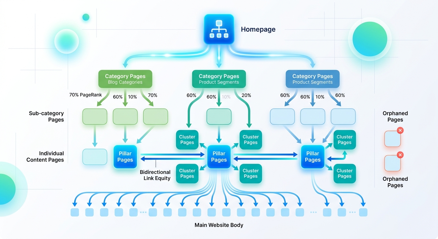 Infographic showing the flow of link equity through a website, with a homepage at top distributing PageRank through category pages to individual content pages, with arrows showing bidirectional intern
