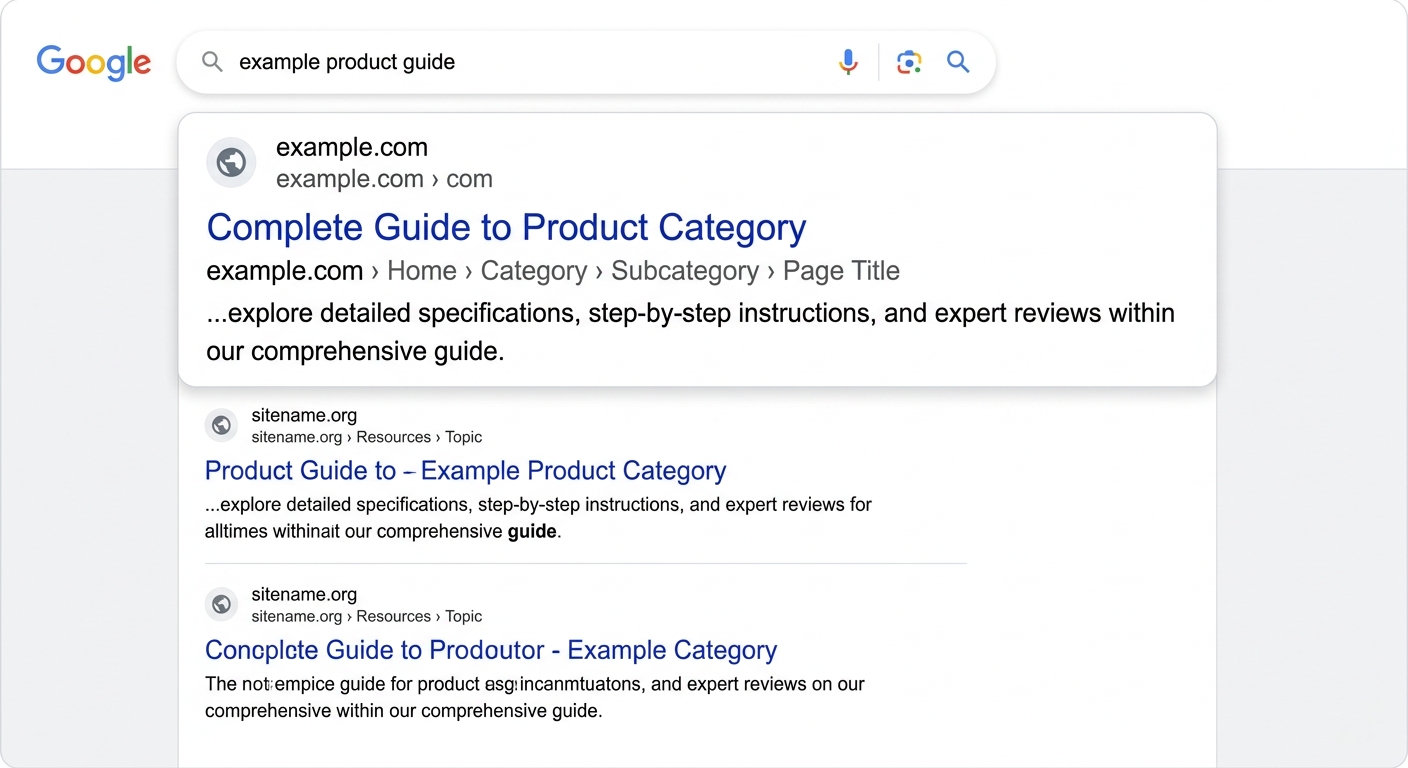 Screenshot-style illustration of Google search results showing breadcrumb navigation displayed as a rich snippet beneath a page title, with the breadcrumb path reading Home > Category > Subcategory > 